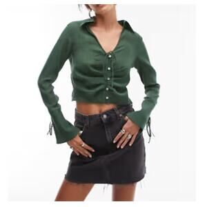 NWT TOPSHOP NORDSTROM Women's Bottle Green Button Front Blouse Size 2
